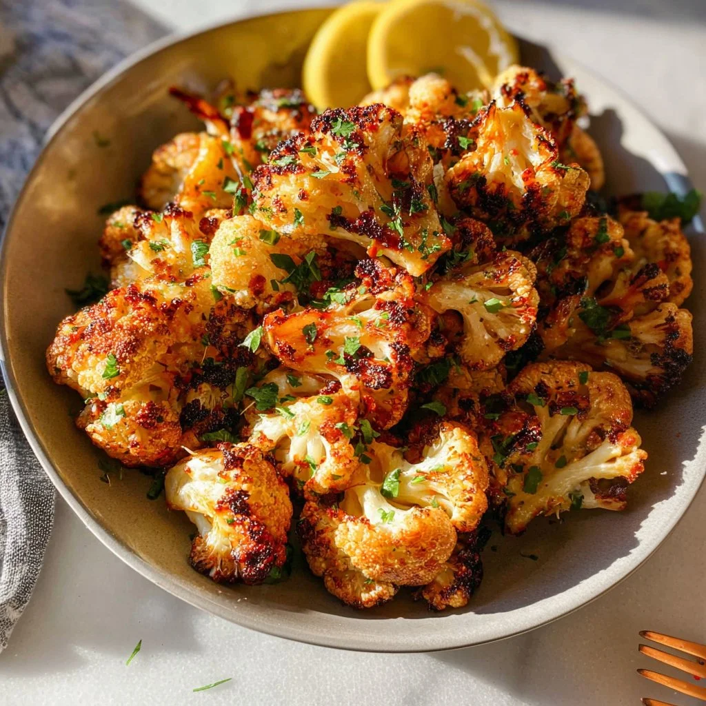 Bowl of Parmesan Roasted Cauliflower garnished with parsley