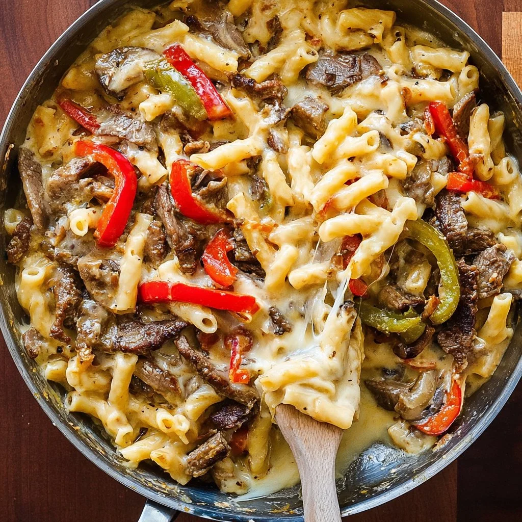 Plate of creamy Philly Cheesesteak Pasta garnished with fresh herbs