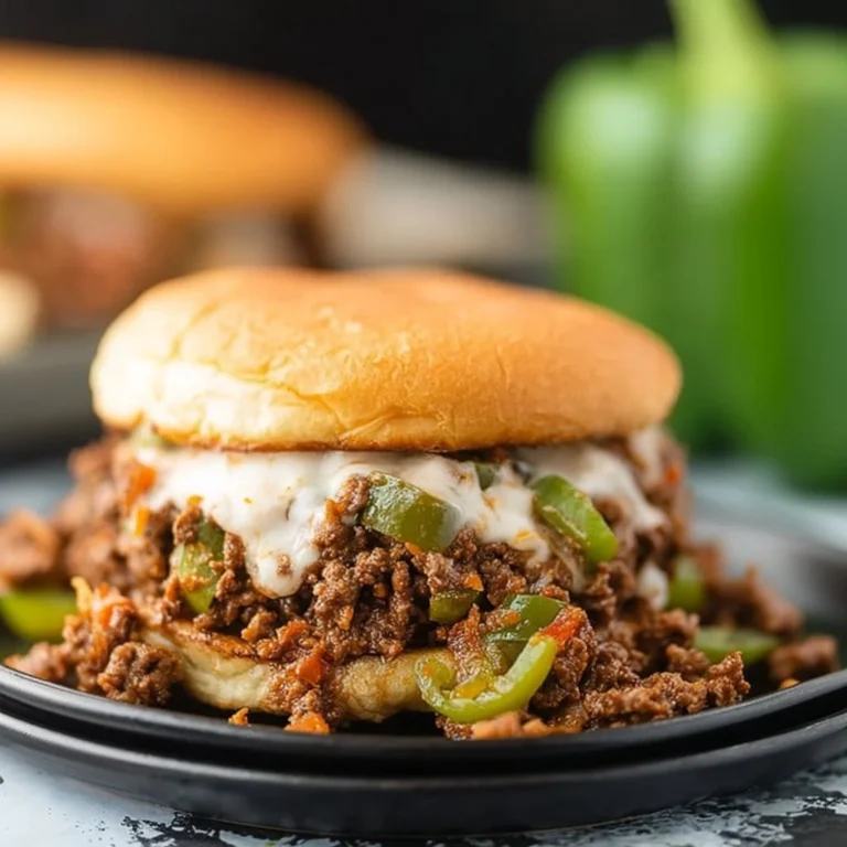 Philly Cheesesteak Sloppy Joes topped with melted cheese and peppers