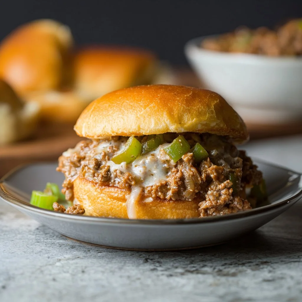 Philly Cheesesteak Sloppy Joes topped with melted cheese and peppers
