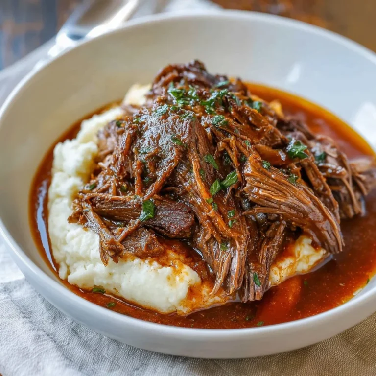 Delicious pot roast served with vegetables and gravy on a rustic plate.