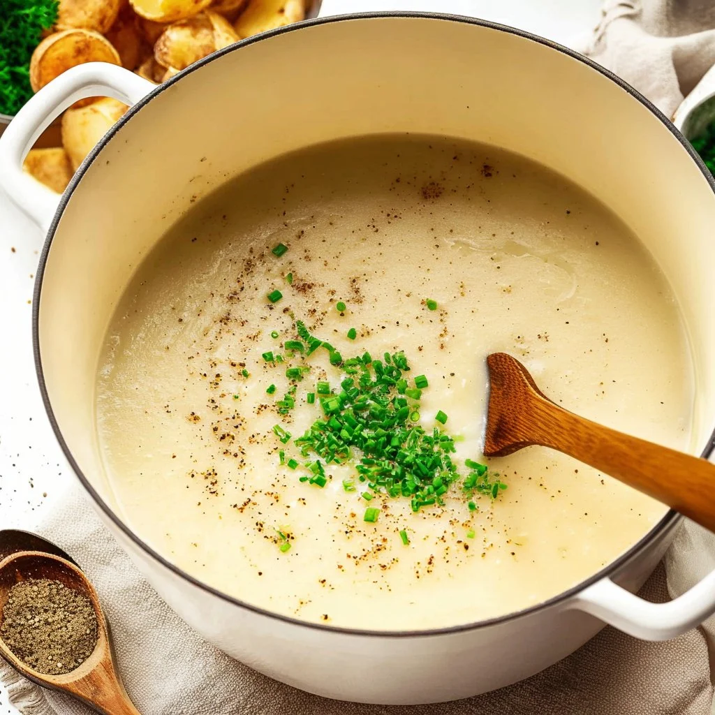 Delicious bowl of Potato Leek Soup garnished with fresh herbs
