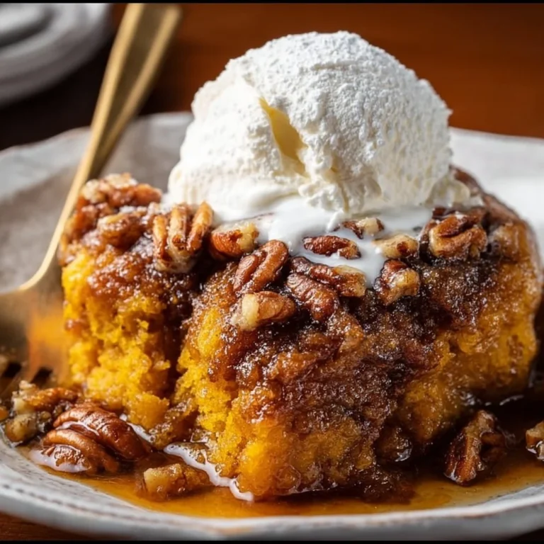 Delicious Pumpkin Pecan Cobbler topped with crunchy pecans and creamy filling.