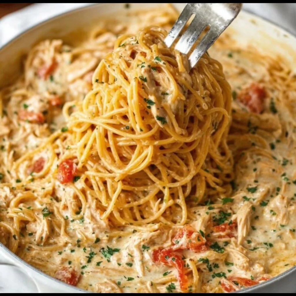 One-pot chicken spaghetti served in a bowl with fresh herbs on top