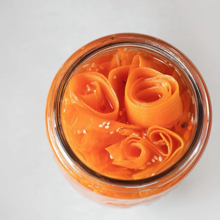 Delicious quick pickled carrot ribbons in a jar, showcasing vibrant colors and fresh ingredients.