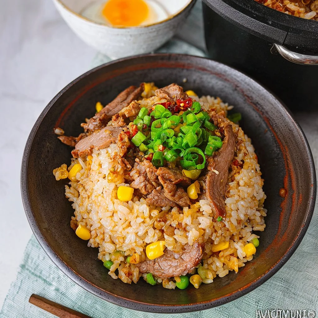 Cooked Pepper Lunch dish made in a rice cooker, featuring rice and fresh vegetables.