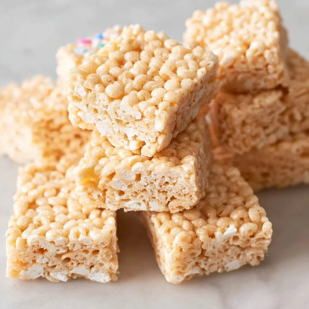 A plate of delicious homemade Rice Krispie Treats with colorful sprinkles