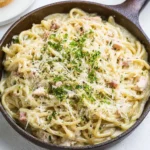 Delicious Rotisserie Chicken Alfredo served in a creamy sauce