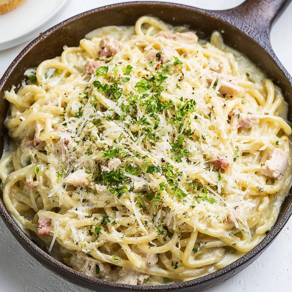 Delicious Rotisserie Chicken Alfredo served in a creamy sauce