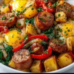 Sausage and potato meal prep breakfast bowls with crispy edges and juicy filling