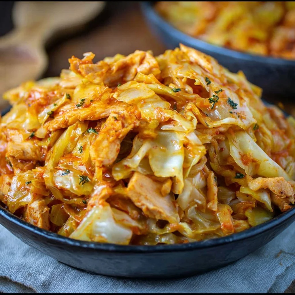 Sauteed chicken with cabbage dish, ready to serve with vibrant ingredients.