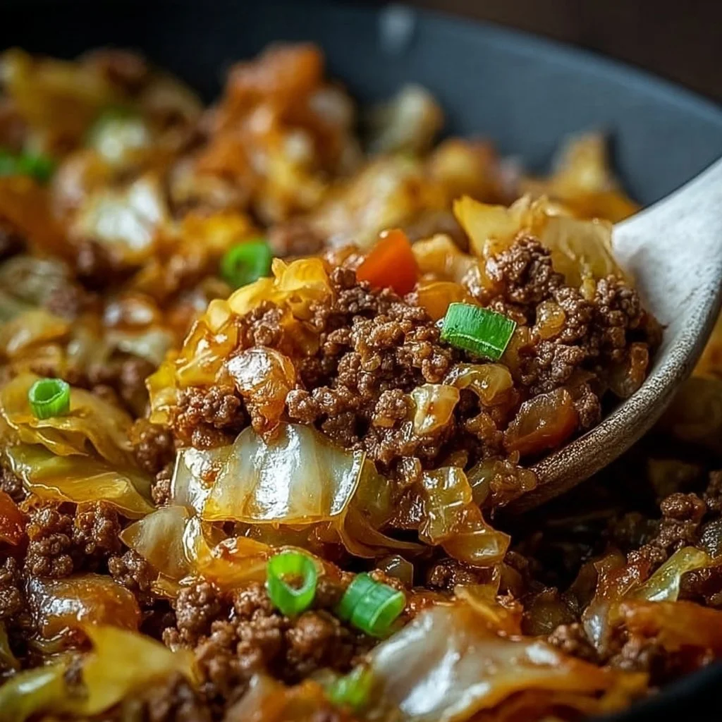 Savory beef and cabbage skillet dish cooked in a pan for a delicious meal