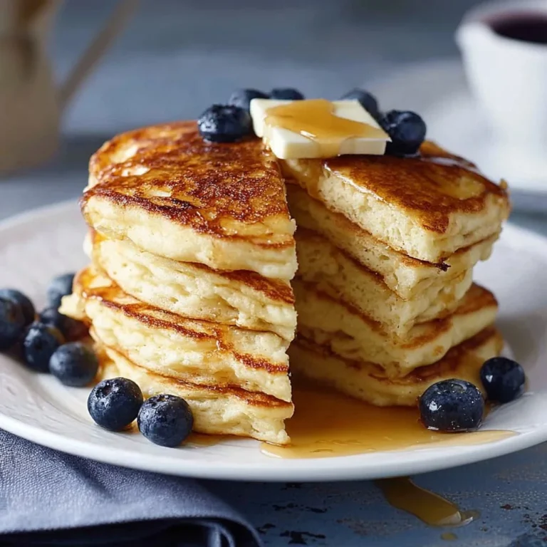 Stack of fluffy pancakes with syrup and berries on a plate