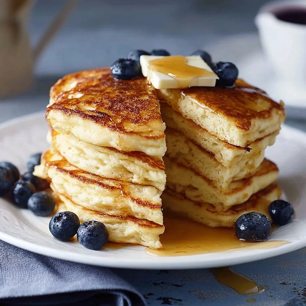 Stack of fluffy pancakes with syrup and berries on a plate