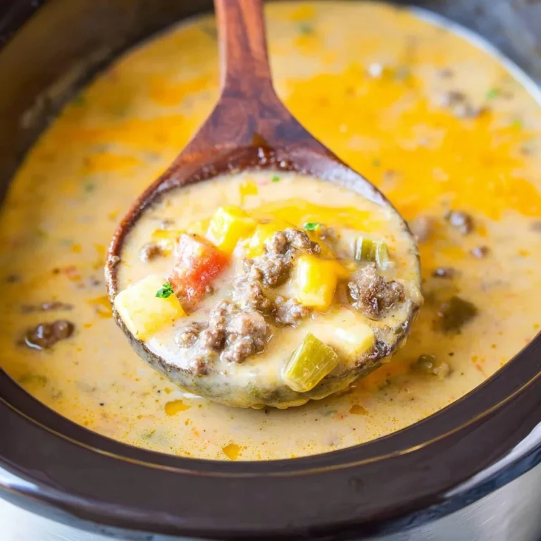 A delicious bowl of slow cooker cheeseburger soup garnished with cheese and herbs
