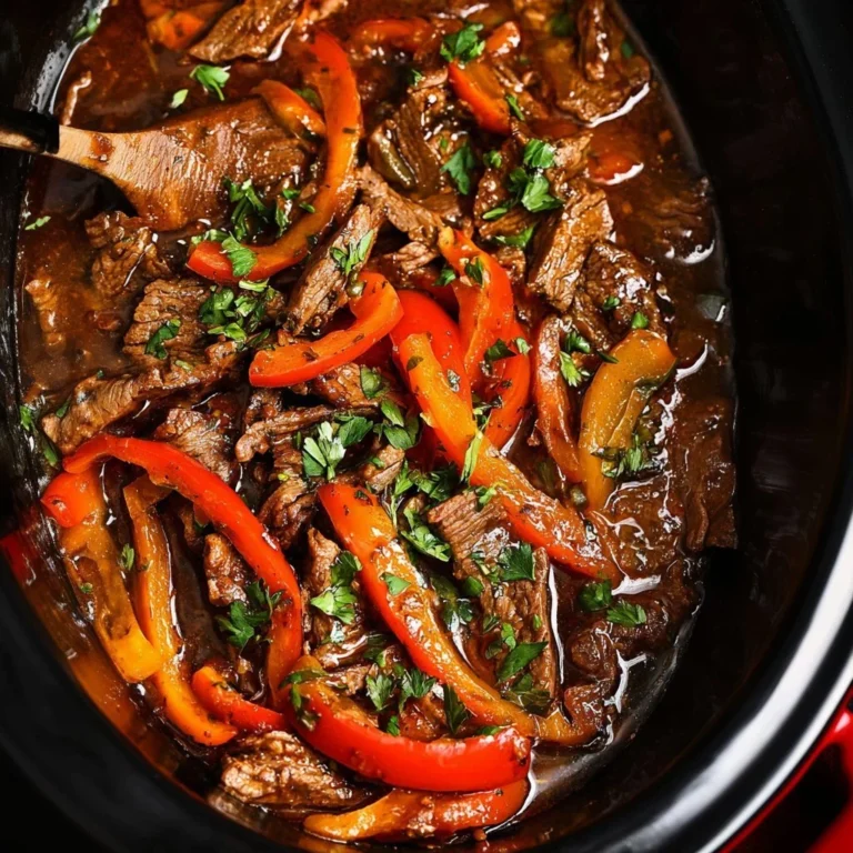 Slow cooker pepper steak served with vegetables
