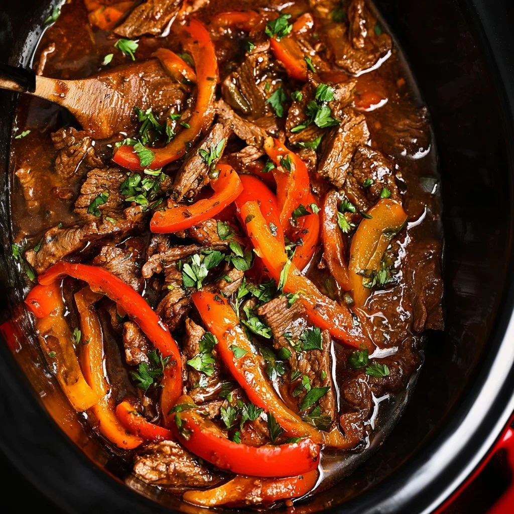 Slow cooker pepper steak served with vegetables