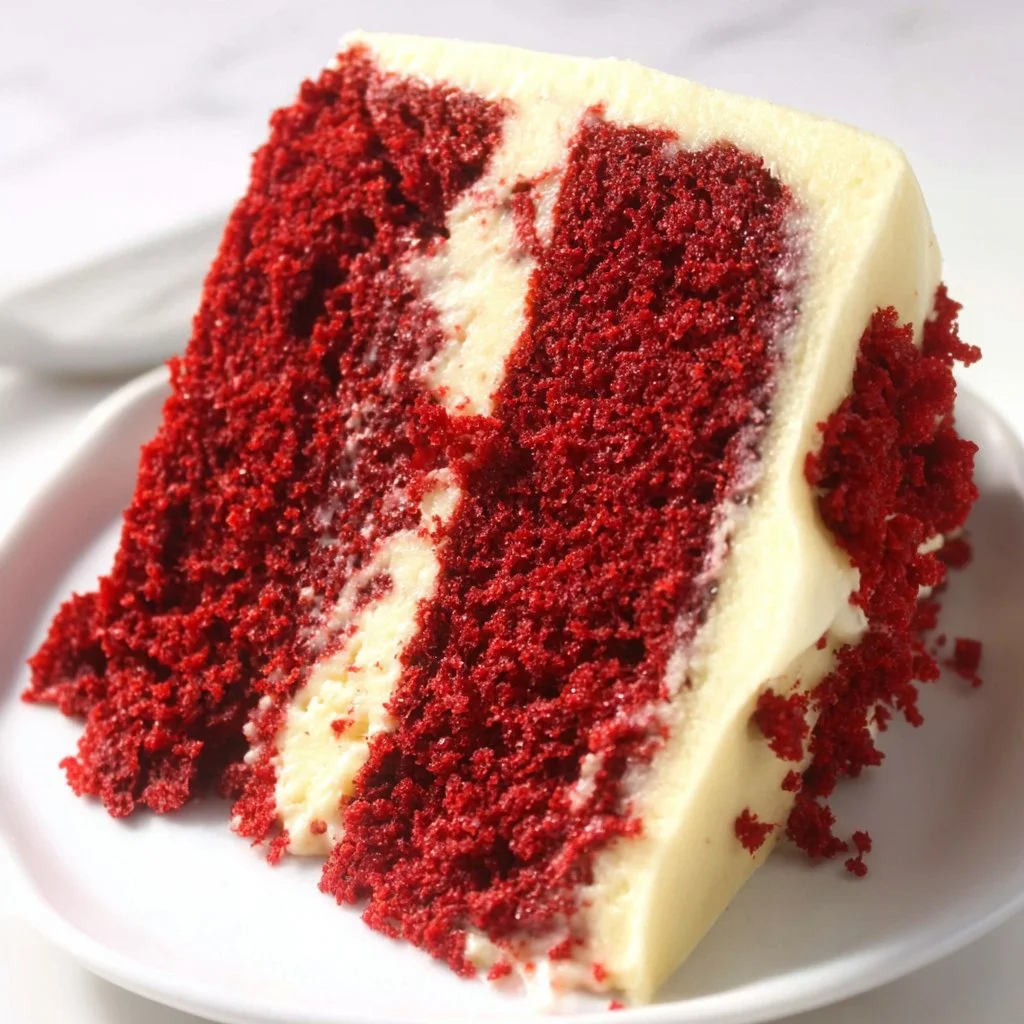Deliciously soft red velvet cake topped with cream cheese frosting