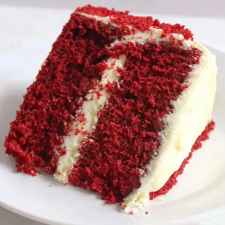 Deliciously soft red velvet cake with cream cheese frosting on a white plate