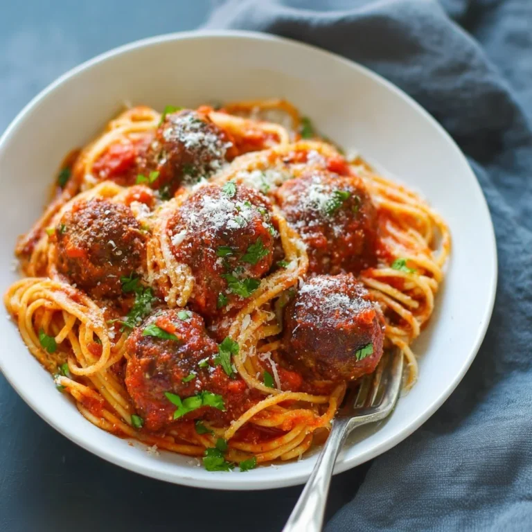 A plate of spaghetti and meatballs served with marinara sauce and garnish.