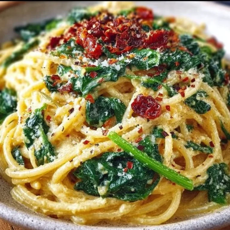 Plate of spaghetti spinach with sun-dried tomato cream sauce garnished with herbs