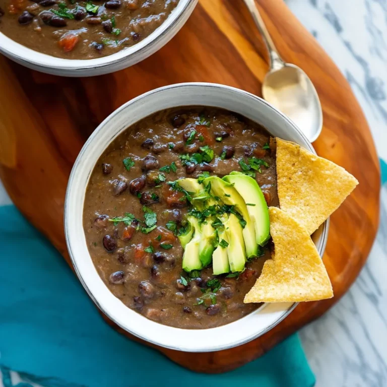 Deliciously spicy black bean soup in a rustic bowl garnished with herbs