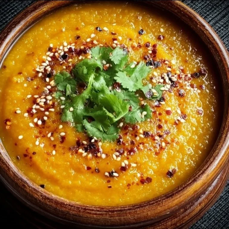Bowl of spicy sesame carrot soup with red lentils garnished with herbs