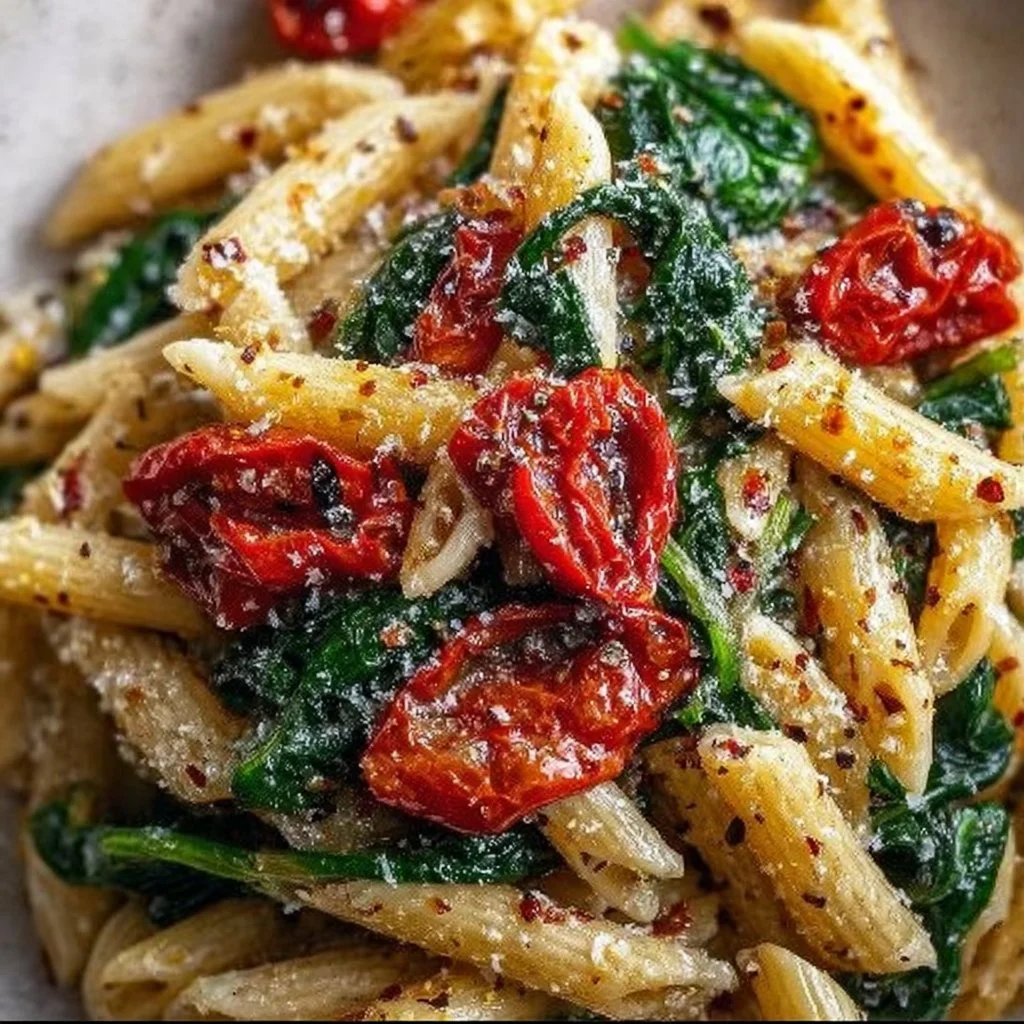 Delicious plate of spinach tomato pasta topped with fresh basil and parmesan.