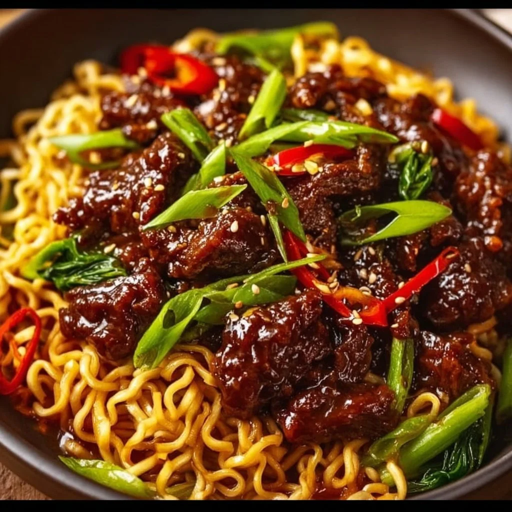 Delicious sticky beef noodles served in a bowl with fresh herbs