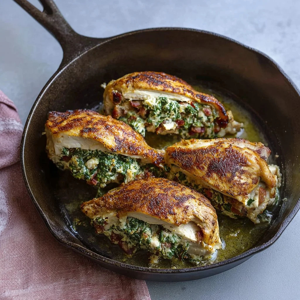 Creamy stuffed chicken breast recipe prepared with flavorful ingredients.