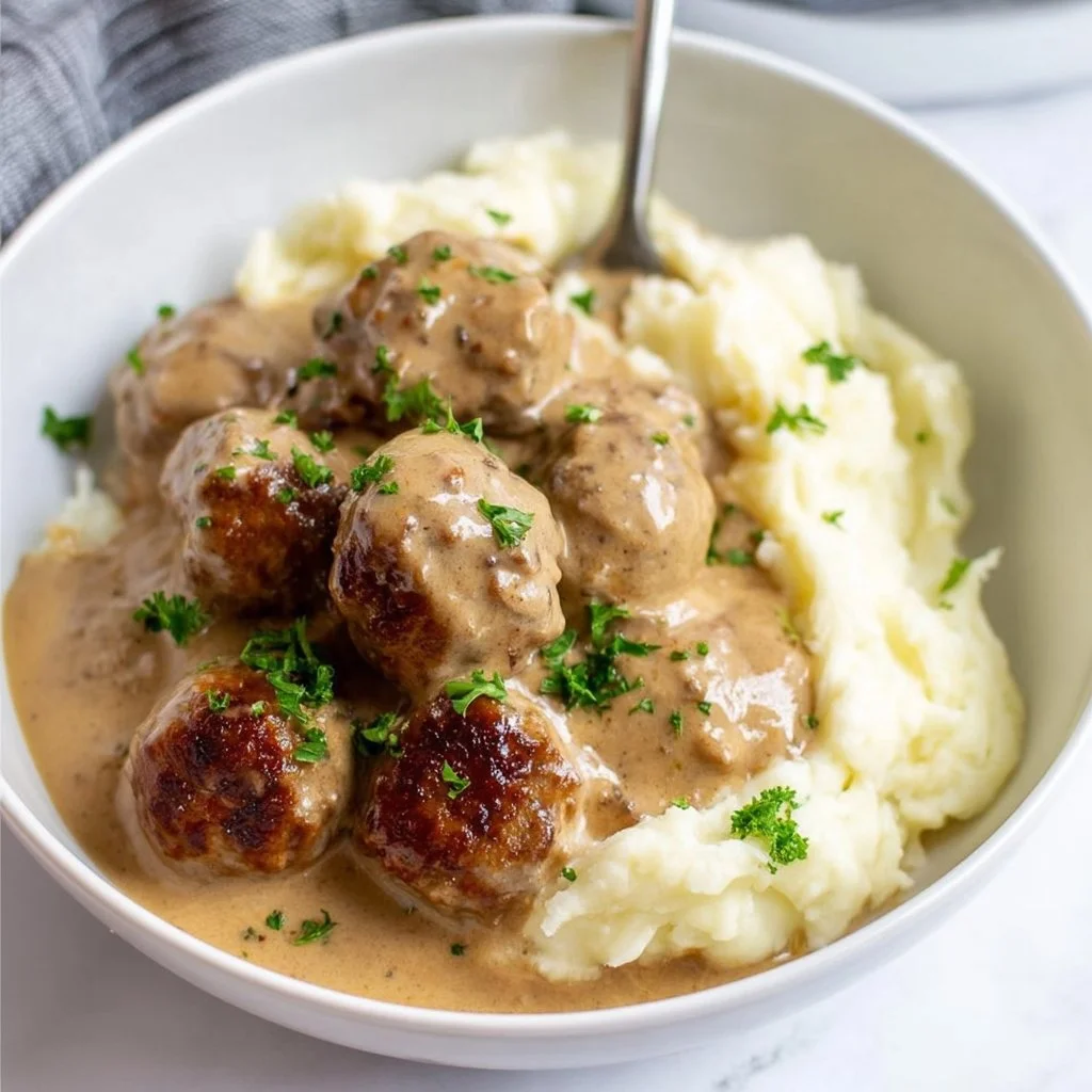 Delicious Swedish meatballs served with creamy gravy and lingonberry sauce