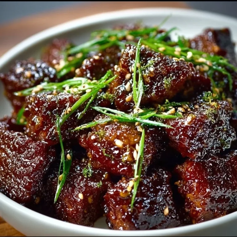 Sweet and sticky steak bites served on a plate, ideal for dinner.