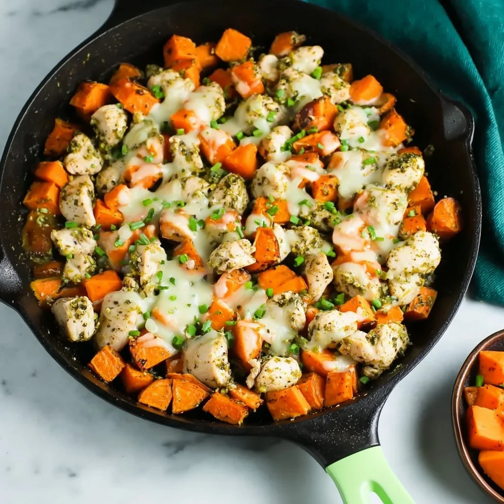 Delicious Sweet Potato Pesto Chicken Skillet served with vibrant vegetables