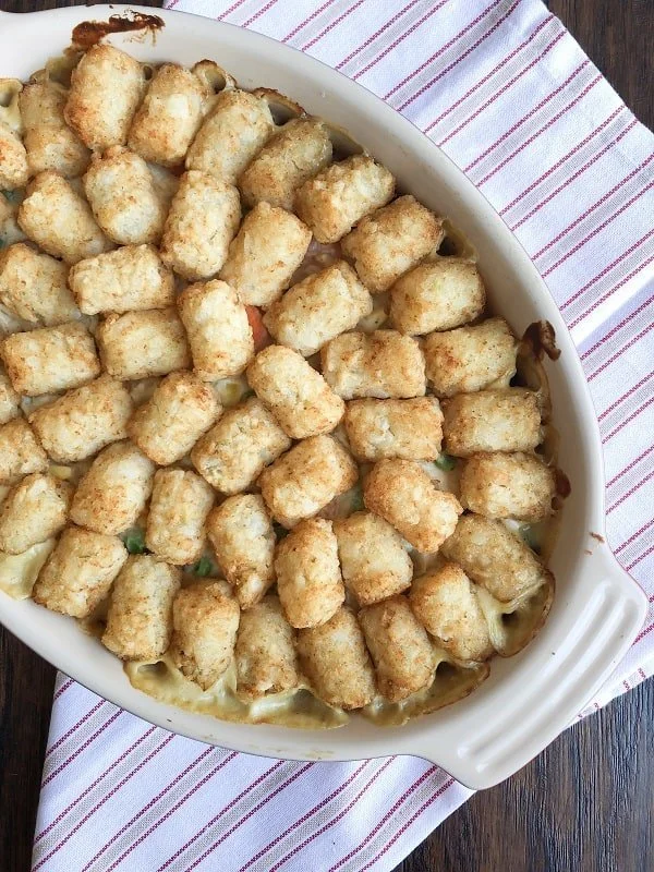 Tater Tot Chicken Pot Pie Casserole topped with golden crispy Tater Tots