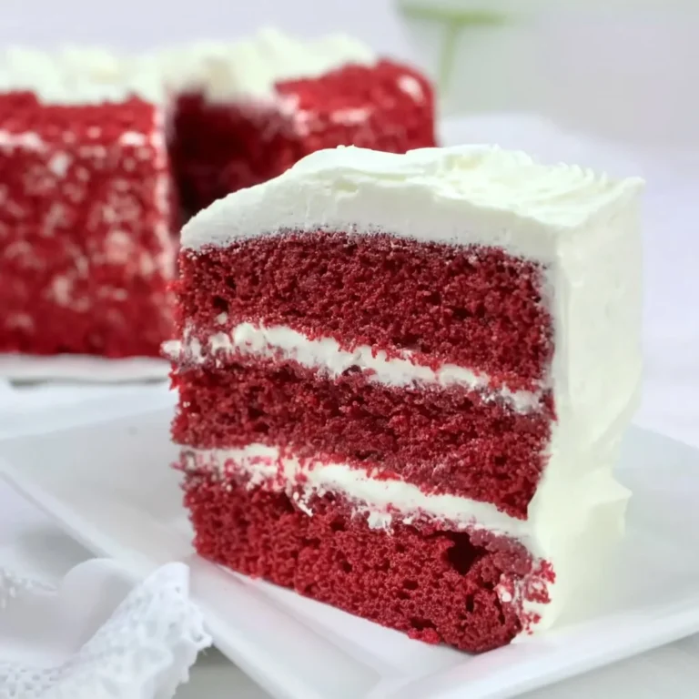 Homemade red velvet cake with cream cheese frosting on a white plate