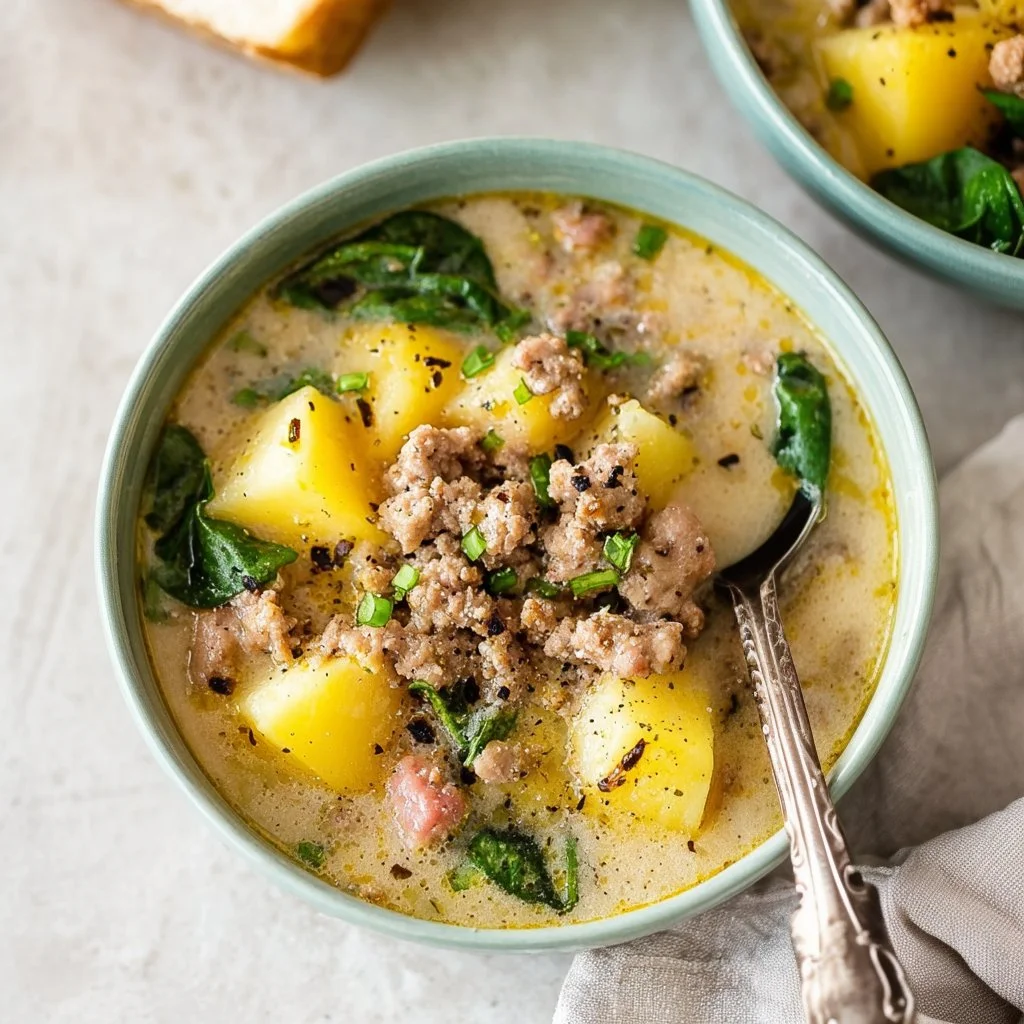 Bowl of creamy sausage and potato soup topped with herbs