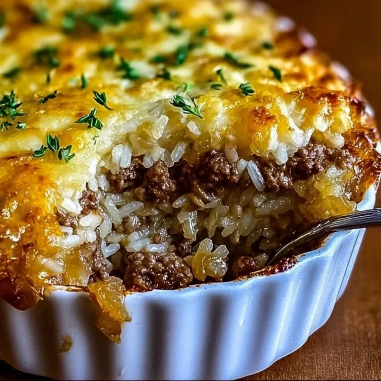 Delicious French onion ground beef and rice casserole topped with melted cheese.