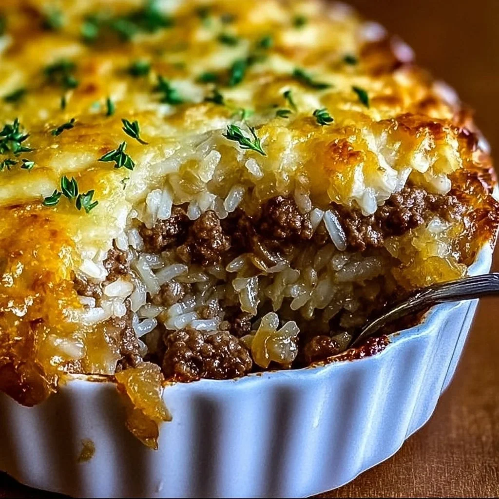 Delicious French onion ground beef and rice casserole topped with melted cheese.