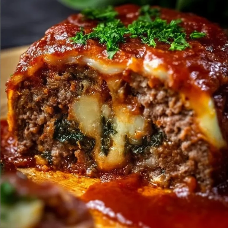Delicious stuffed Italian meatloaf served with herbs and marinara sauce