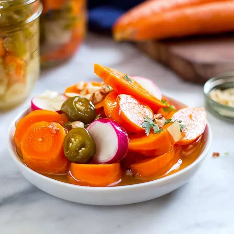 Bowl of vibrant Mexican pickled carrots garnished with herbs