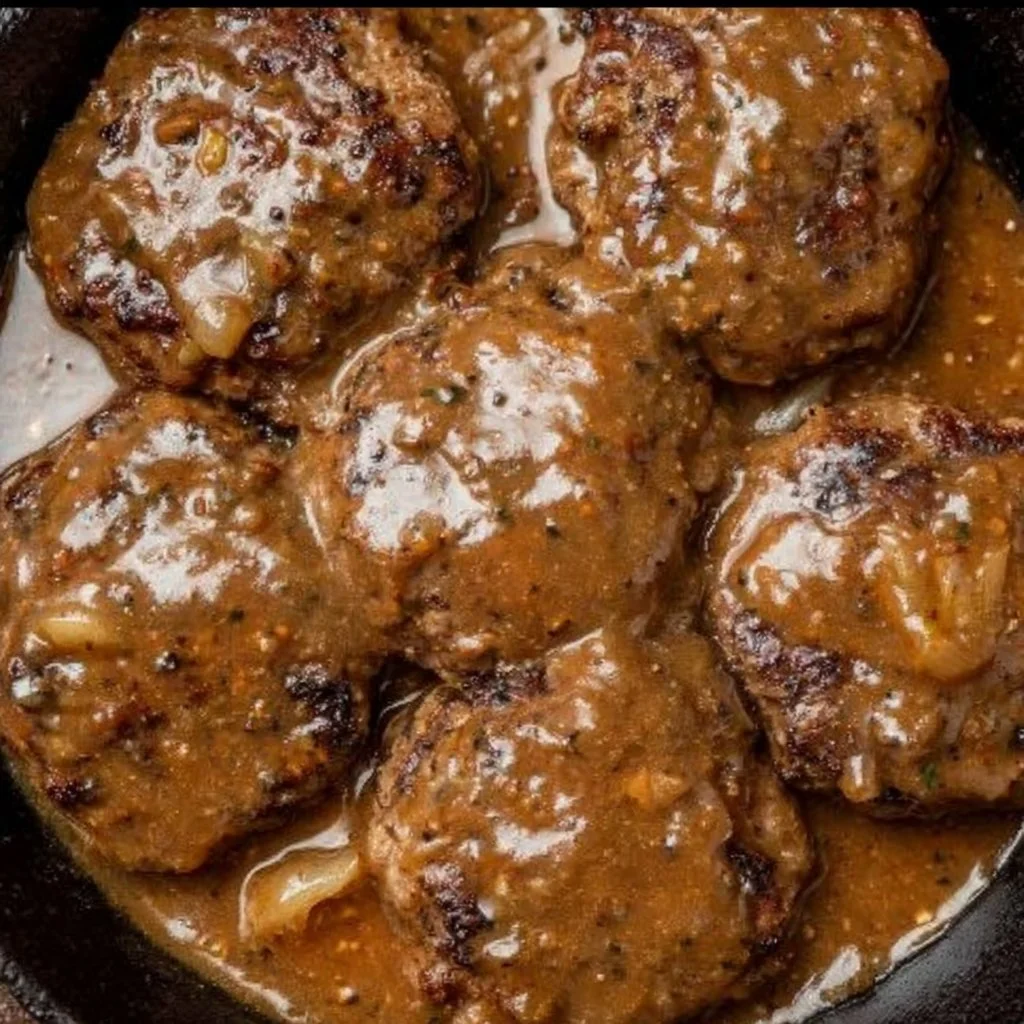 Delicious homemade Salisbury steak served with gravy and mashed potatoes
