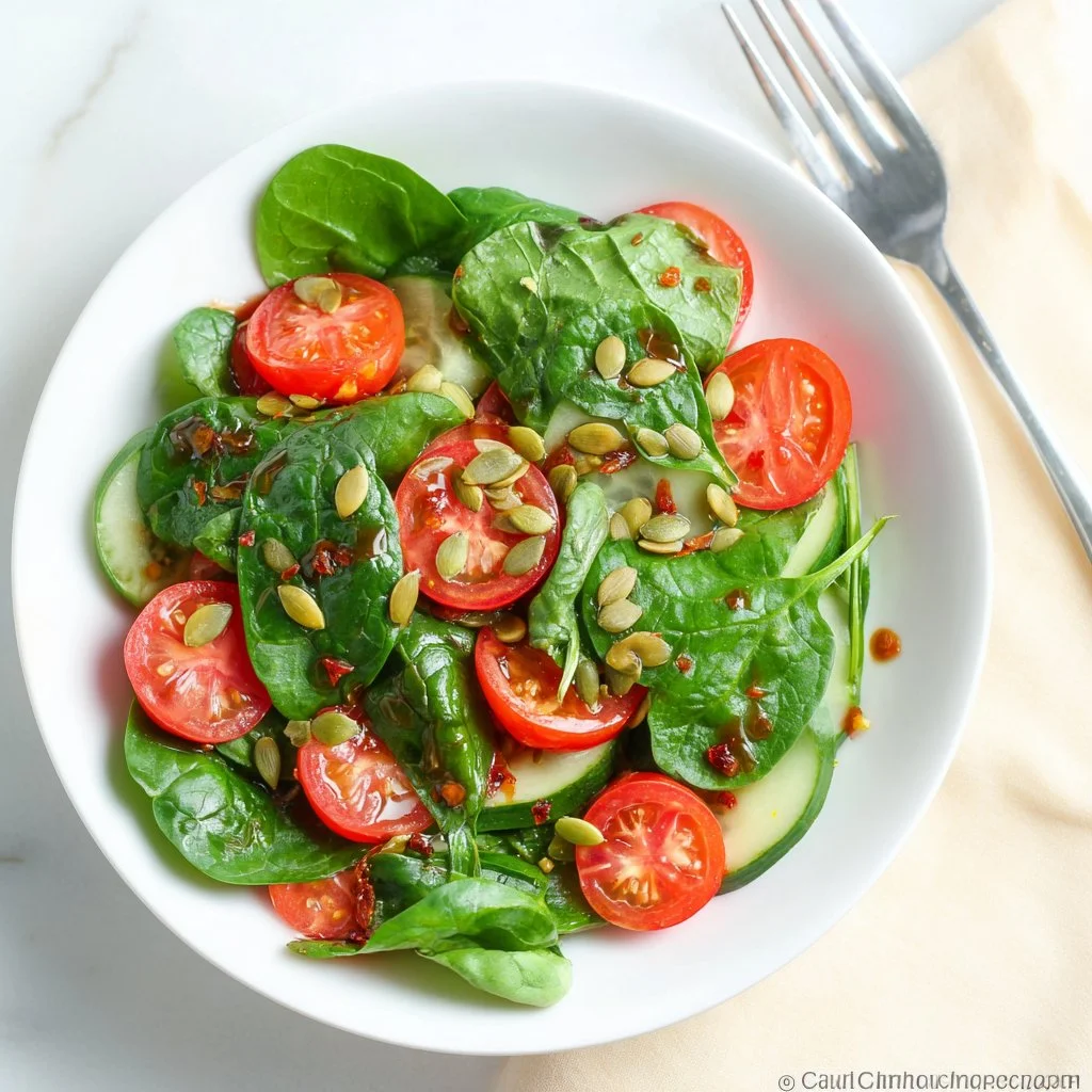 Fresh Tomato Spinach Salad with vibrant vegetables and dressing
