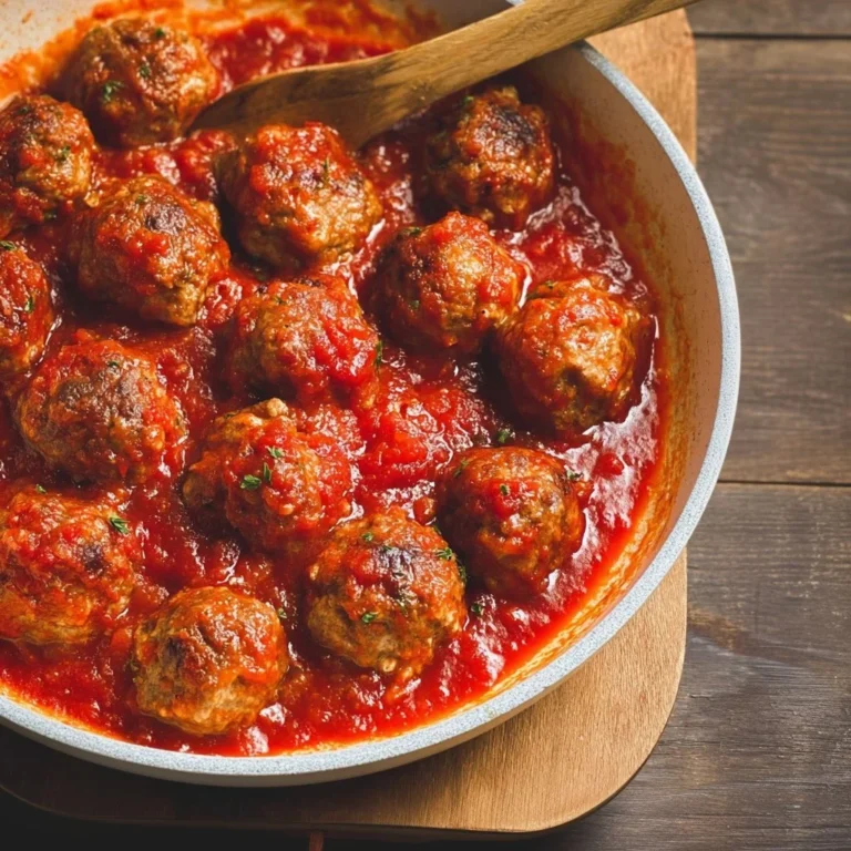 A plate of homemade turkey meatballs served with marinara sauce and herbs.