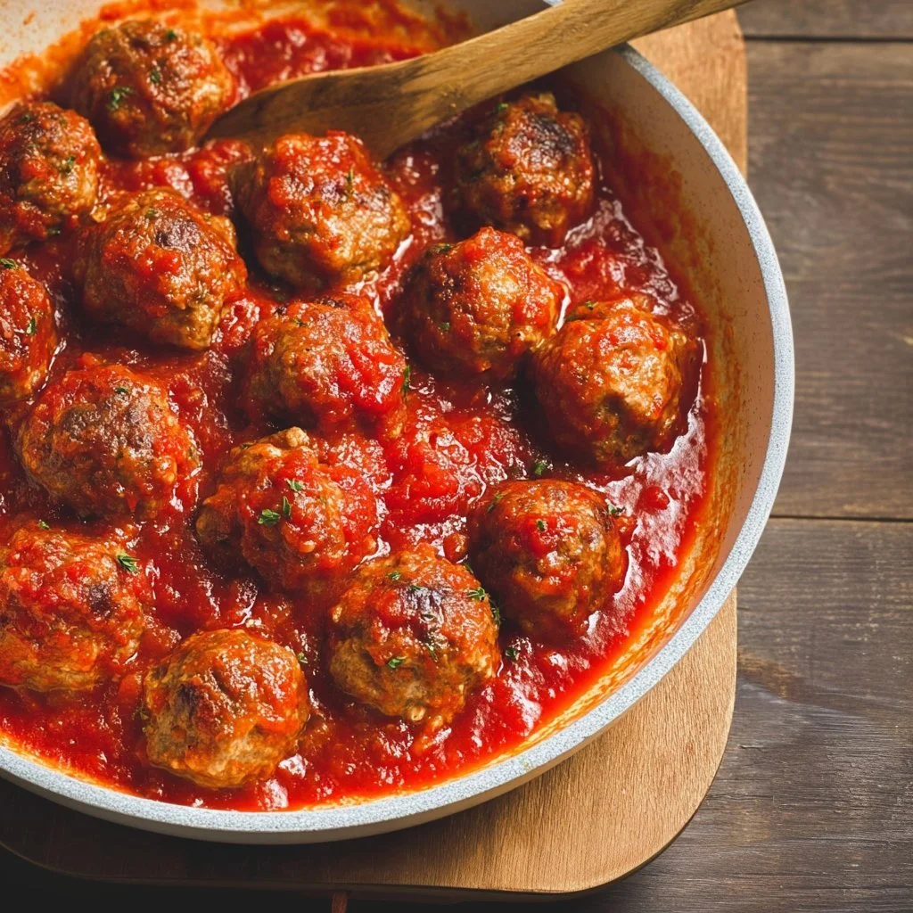 A plate of homemade turkey meatballs served with marinara sauce and herbs.