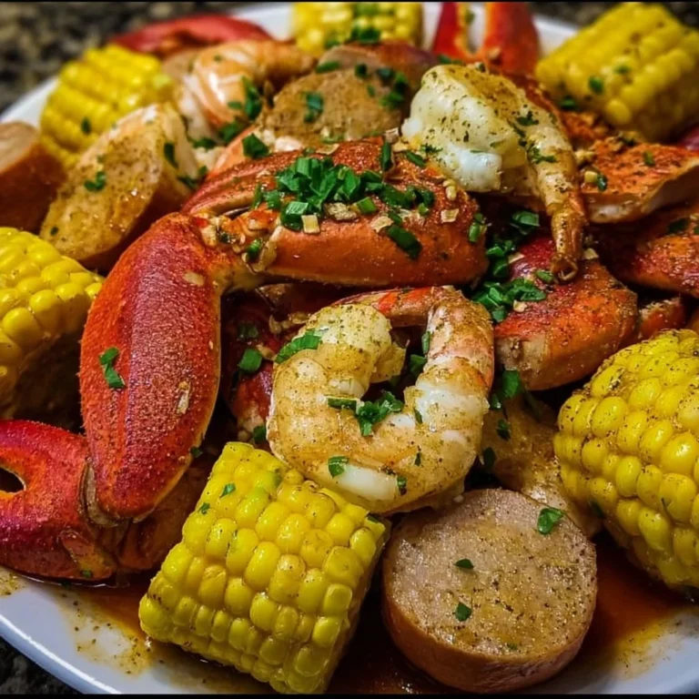 A vibrant seafood boil featuring shrimp, crab, potatoes, and corn, ready to enjoy.