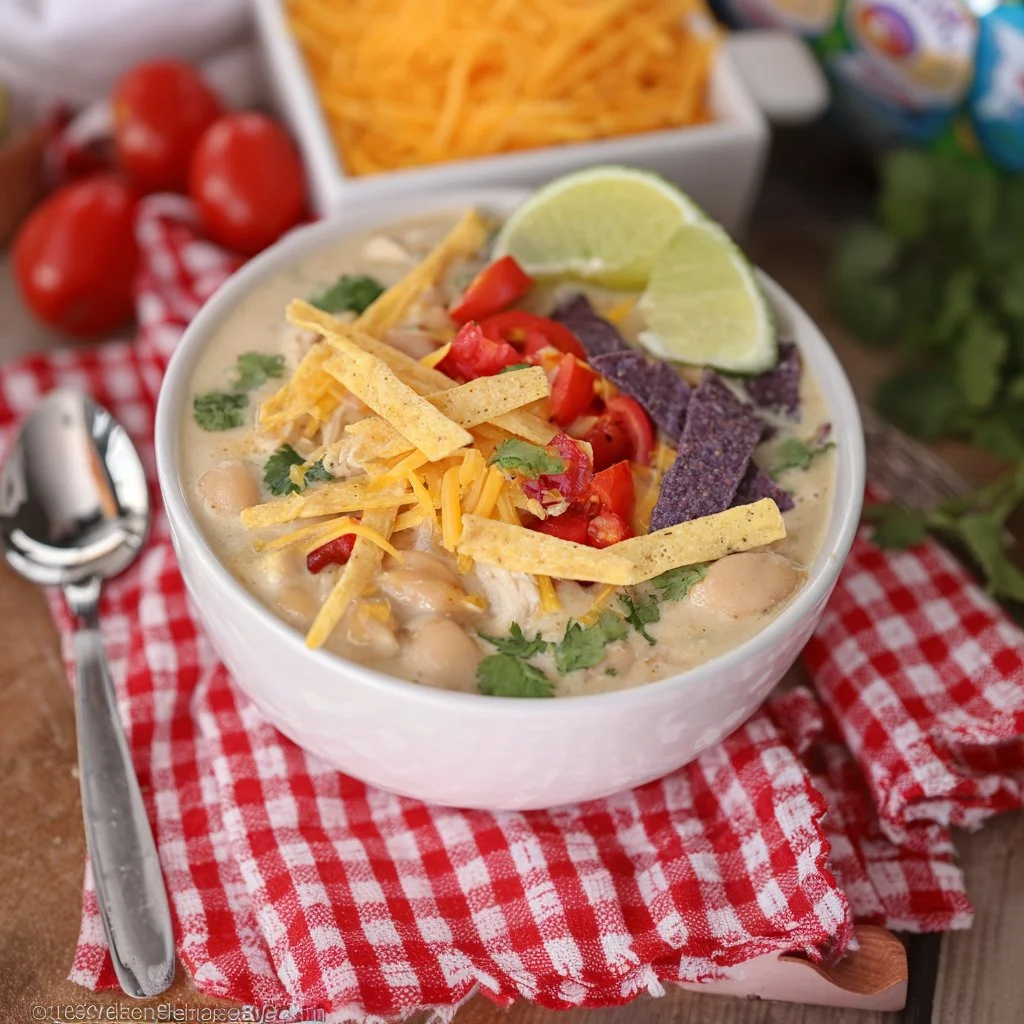 Creamy white chicken chili served in a bowl with toppings
