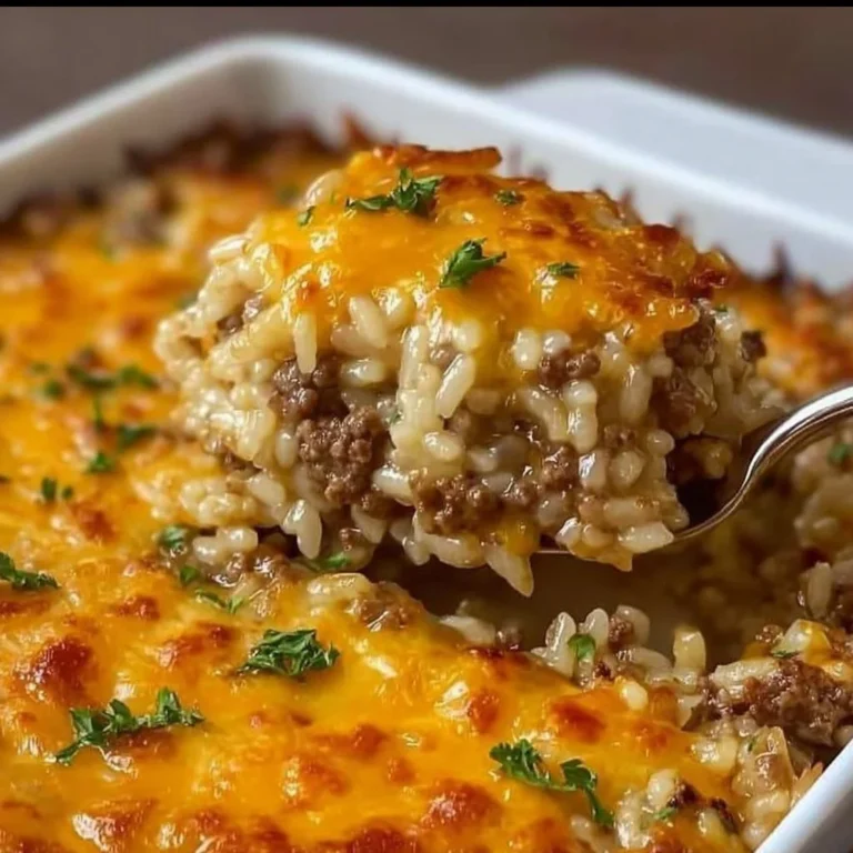 Cheesy hamburger rice casserole served in a bowl, delicious comfort food