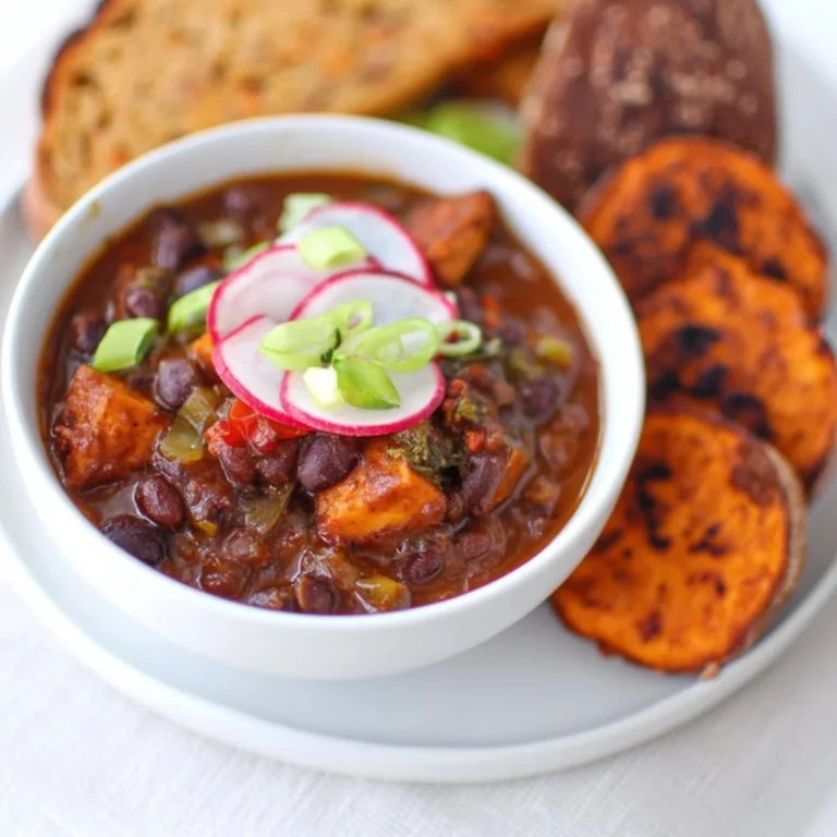 A bowl of Vegetarian Sweet Potato Chili topped with cilantro and avocado.
