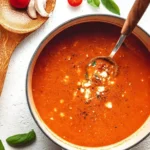 A bowl of warm tomato feta soup garnished with herbs and croutons