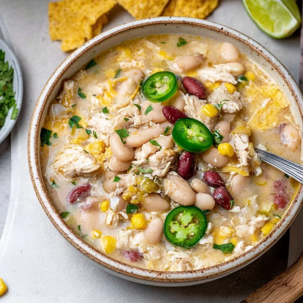 Bowl of creamy white chicken chili topped with cilantro and lime wedges